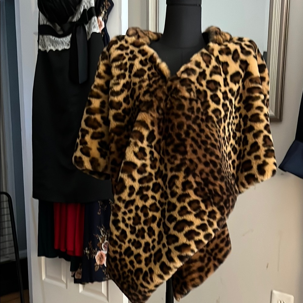 Leopard Print Faux Fur Cape with Hoodie